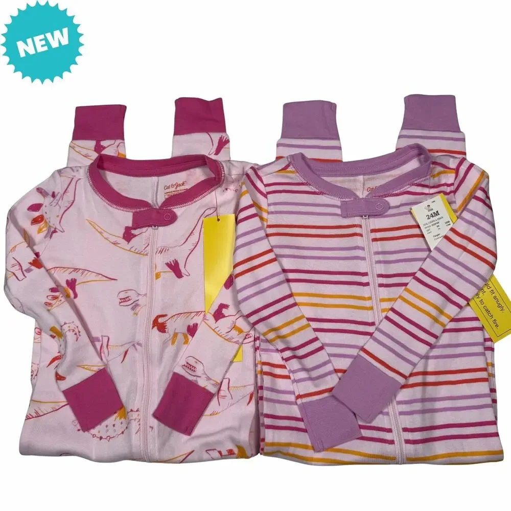Cat And Jack One Peice Sleepers Size 24months 1 Striped 1 Dinosaurs Pink NWT